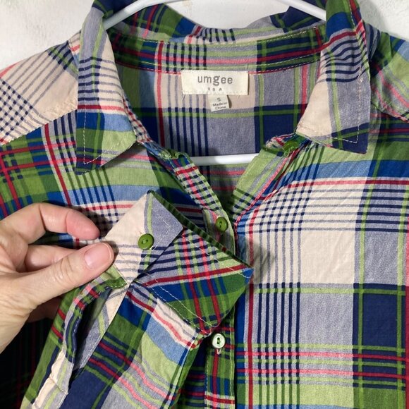 Womens Umgee Plaid Lagenlook Tunic Top Green Blue S Long Sleeve Tie Waist Asymme - Picture 3 of 9